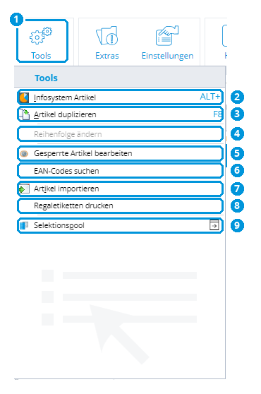 Abb. 33: Menü Tools im Artikelstamm