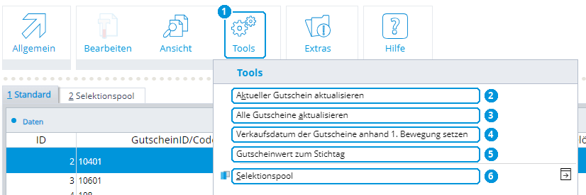 Abb. 89: Tools in der Gutscheinverwaltung