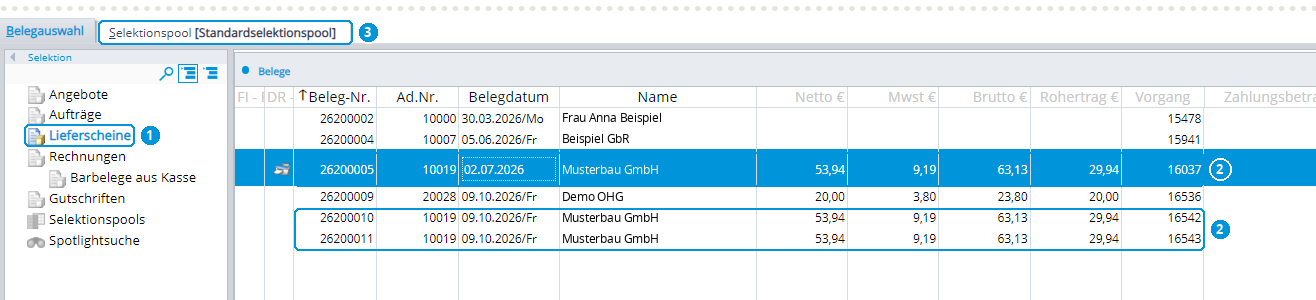 Abb. 106: Drei Lieferscheine an denselben Kunden (Demo-Daten)