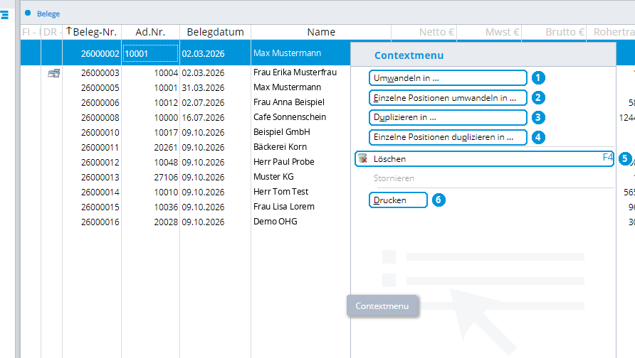 Abb. 102: Kontextmenü im Warenausgang (Demo-Daten)