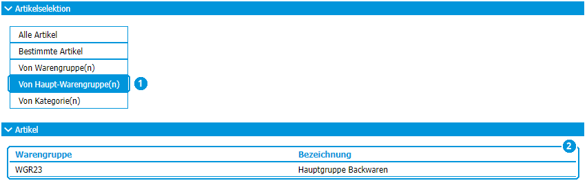 Abb. 73: Artikelselektion nach Hauptwarengruppe