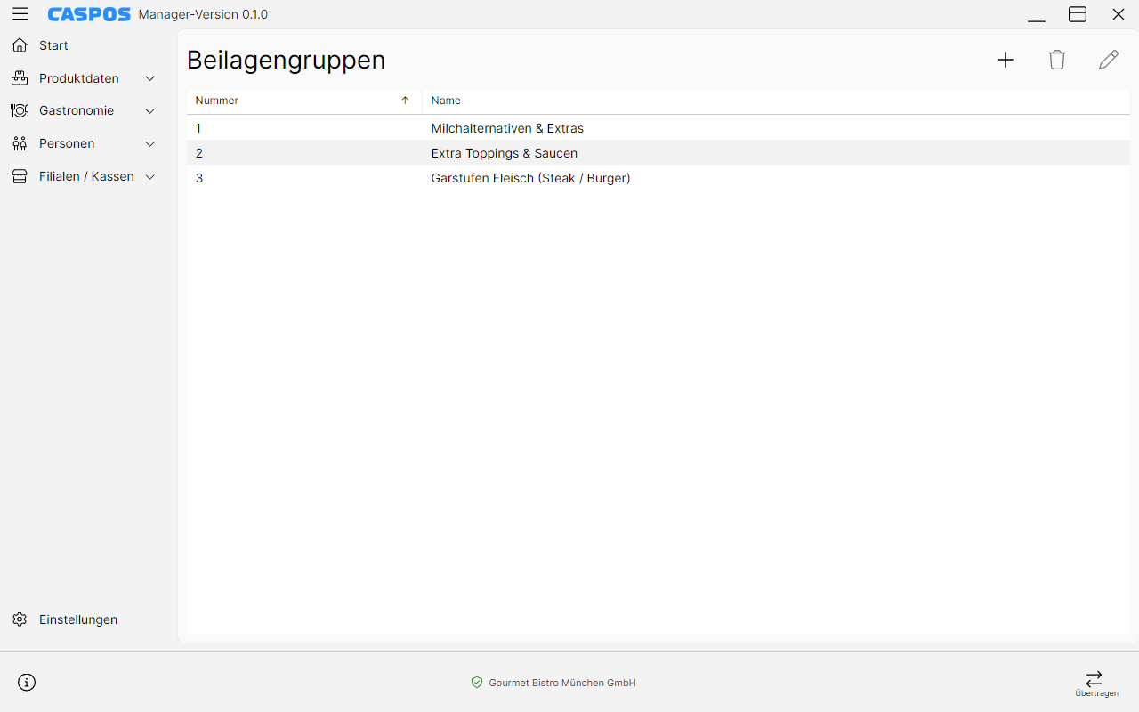 Beilagengruppen im Caspos Manager