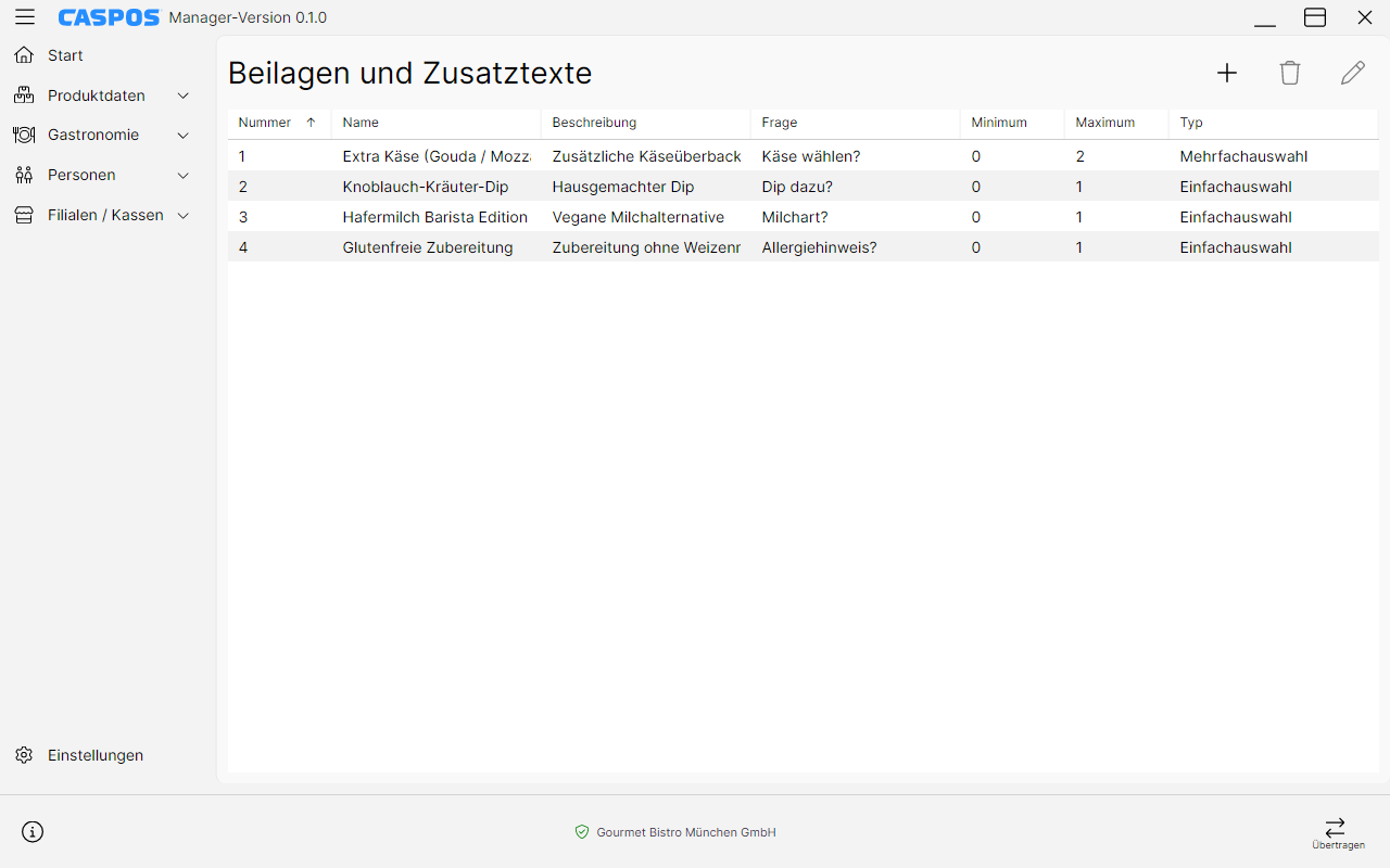 Beilagenverwaltung im Caspos Manager