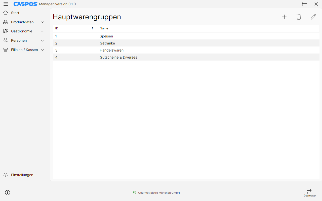 Hauptwarengruppen im Caspos Manager