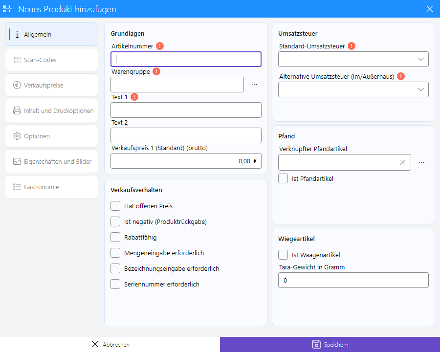 Artikelmaske – Neuanlage eines Artikels