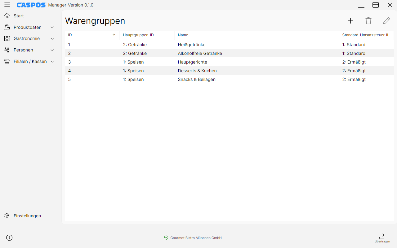 Warengruppenverwaltung im Caspos Manager